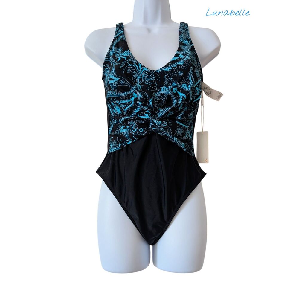 NWT Lunabelle One Piece Swimsuit Black Blue Paisley Twist Front Size M